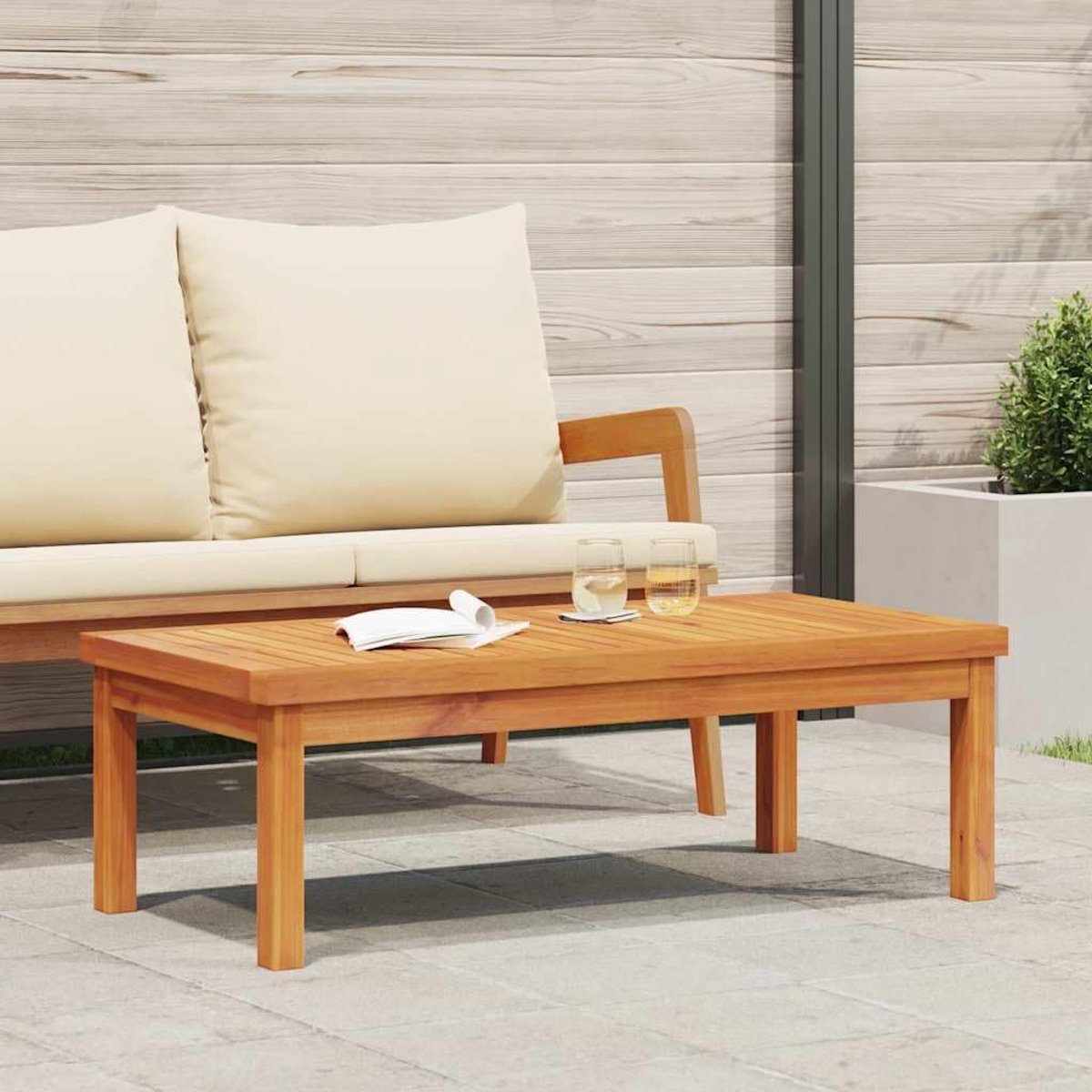 Houten salontafel, 100 x 50 x 33 cm, van acaciahout, voor terras, tuin, balkon of zwembad, robuust tafelblad met lattendesign, ideaal voor snacks en fruitmanden