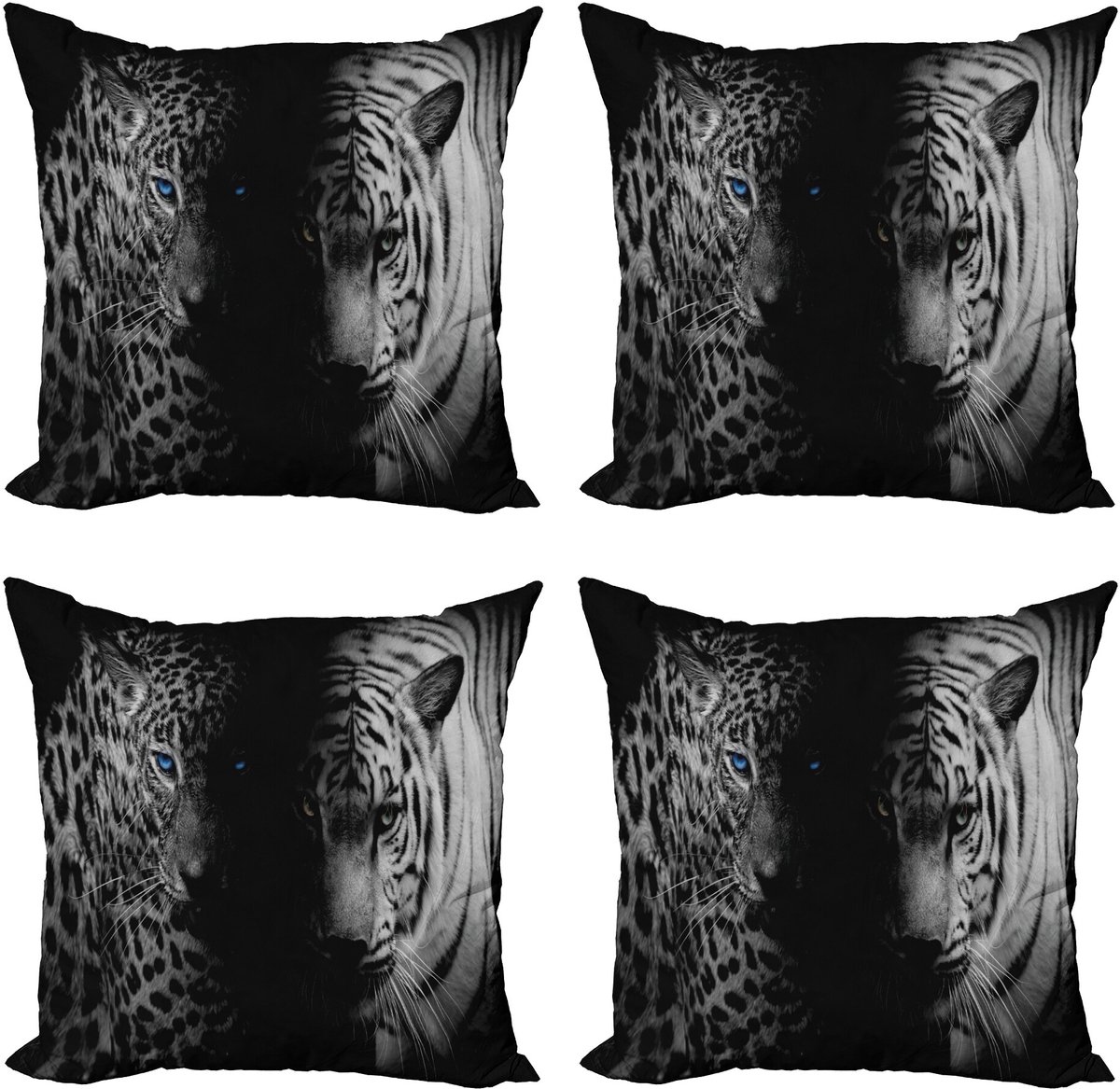ABAKUHAUS Zwart en Wit Sierkussen Kussenhoes 4er Set, wilder Leoparden, Modern Accent Dubbelzijdige Digitale Print, 40 x 40 cm, Zwart Wit en Blauw