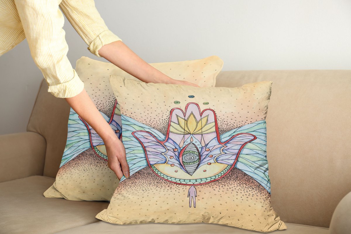 ABAKUHAUS Hamsa Kussenhoes 2er-Set, Flügel Auge Mystical, Kussenhoes met Ritssluiting en Dubbelzijdige Print, 40 x 40 cm, Turquoise Aprikose