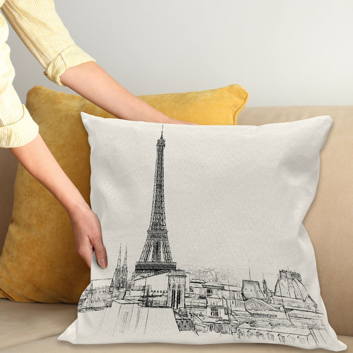 ABAKUHAUS Stad-Liefde Kussenhoes, Paris über Dächer Haus, Water- en Vuilafstotend, Wasbaar, Dubbelzijdige Print met Ritssluiting, 40 x 40 cm, Eierschaal en Zwart
