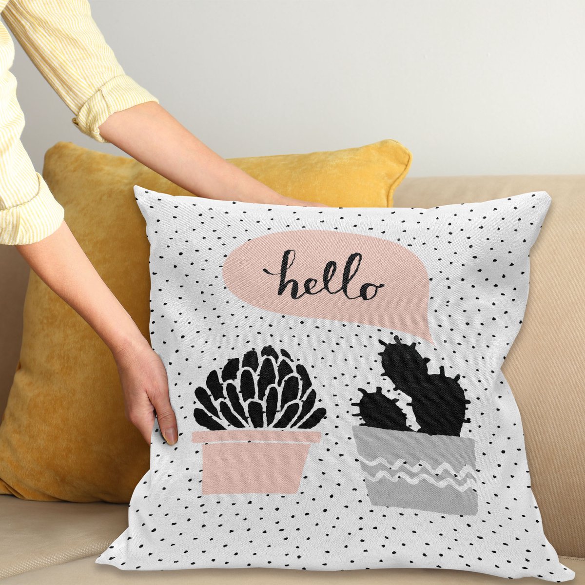 ABAKUHAUS Kaktus Kussenhoes, Hand gezeichnet Pflanzen Hallo, Kussenhoezen met Dubbelzijdige Print Kleurecht Wasbaar en Ritssluiting, 40 x 40 cm, Blush Zwart Grijs