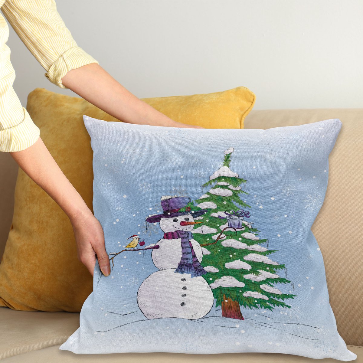 ABAKUHAUS Kerstmis Kussenhoes, Schneemann en Boom, Kussenhoes zonder Binnenkussen, met Ritssluiting, Dubbelzijdige Print, Wasbaar, 40 x 40 cm, Blauw Groen