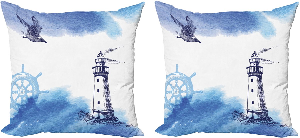 ABAKUHAUS Leuchtturm Sierkussenhoes Set van 2, Handdrawn Kunst Anker, Modern Accent Dubbelzijdige Digitale Print, 50x50, Blauw en Wit