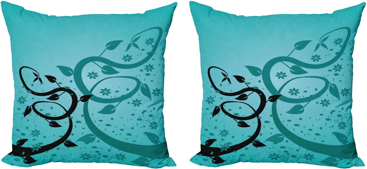 ABAKUHAUS Teal Sierkussenhoes Set van 2, Bloemen Winding Ranken, Modern Accent Dubbelzijdige Digitale Print, 50x50, Turquoise Zwart
