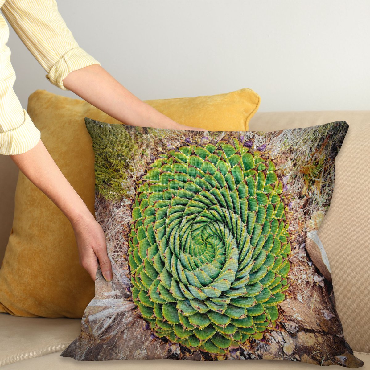 ABAKUHAUS Pflanze Kussenhoes, Aloe Vera Polyphylla, Wasbare Sierkussenhoes voor Binnen/Buiten, Dubbelzijdige Print met Ritssluiting, 40 x 40 cm, Meerkleurig