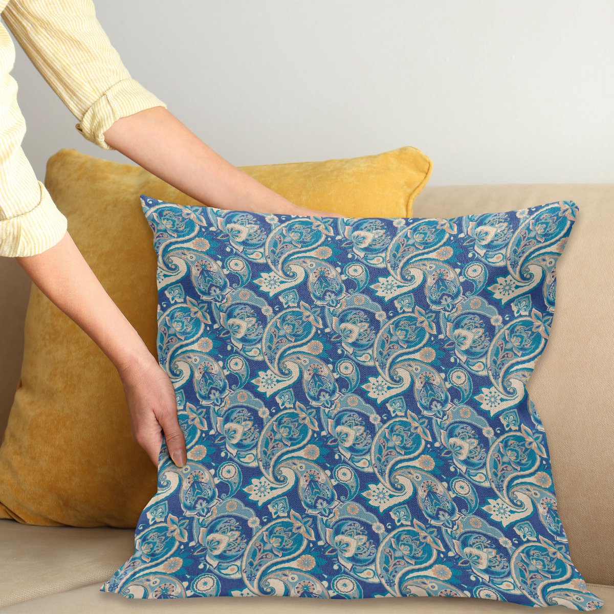 ABAKUHAUS Paisley Kussenhoes, Inspiriert Boho Illustratie, Digitale Print, Waterbestendig, Kleurecht, Wasbare Kussenhoes met Ritssluiting, 60 x 60 cm, Teal Lichtbruin