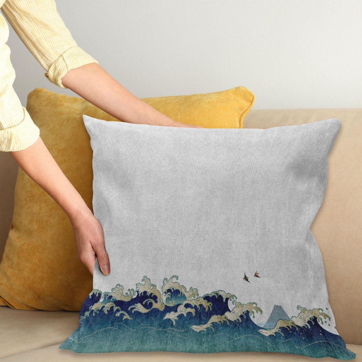 ABAKUHAUS Japanische Welle Kussenhoes, Aquatic-Werveling, Met Ritssluiting, Wasbaar, Dubbelzijdige Digitale Print, Heldere Kleuren, Hoogwaardige Stof, 50 x 50 cm, Crème Blauw Grijs