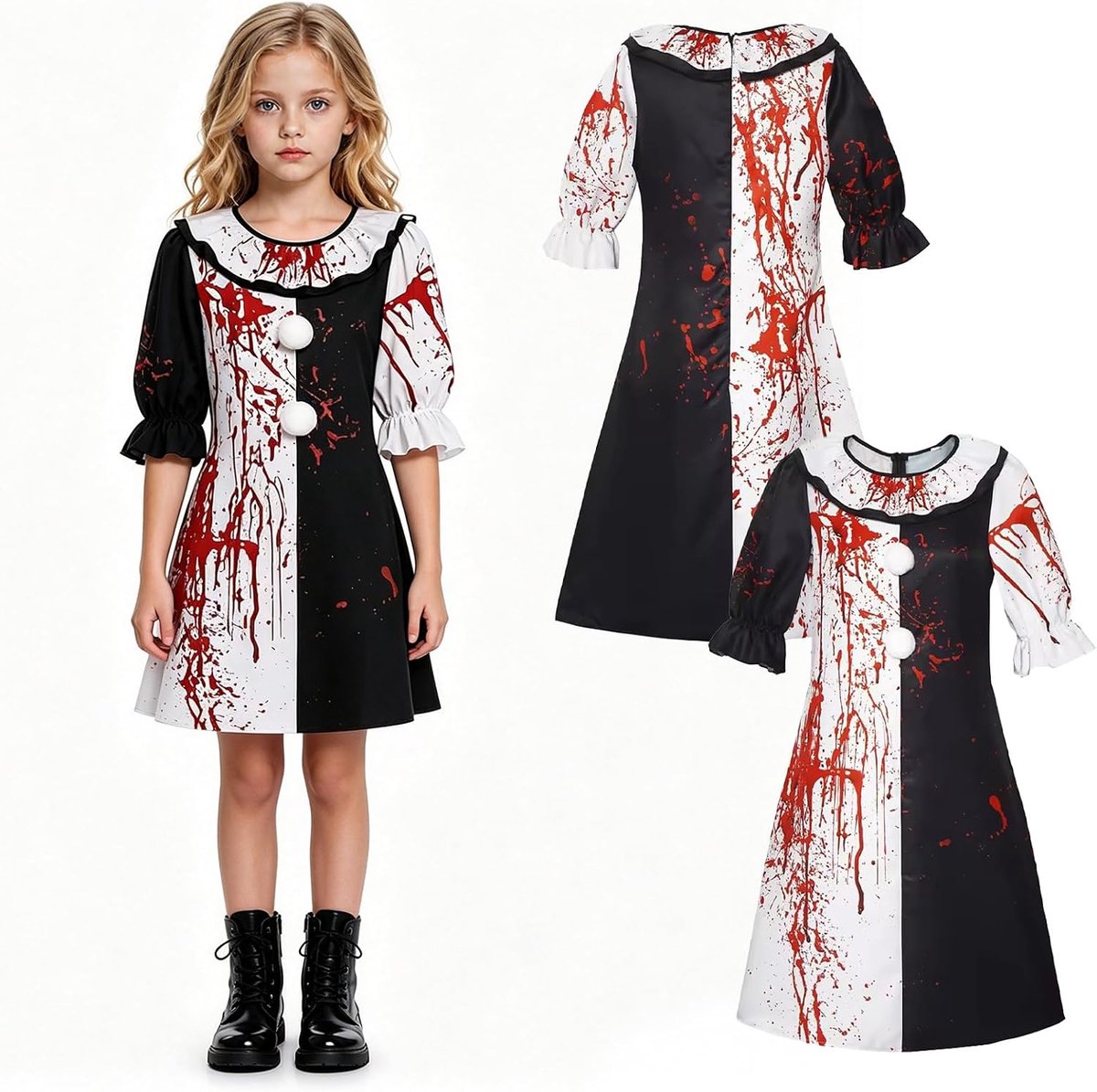 Kostuum cosplay, bloed gevlekt horror clown overall/jurk