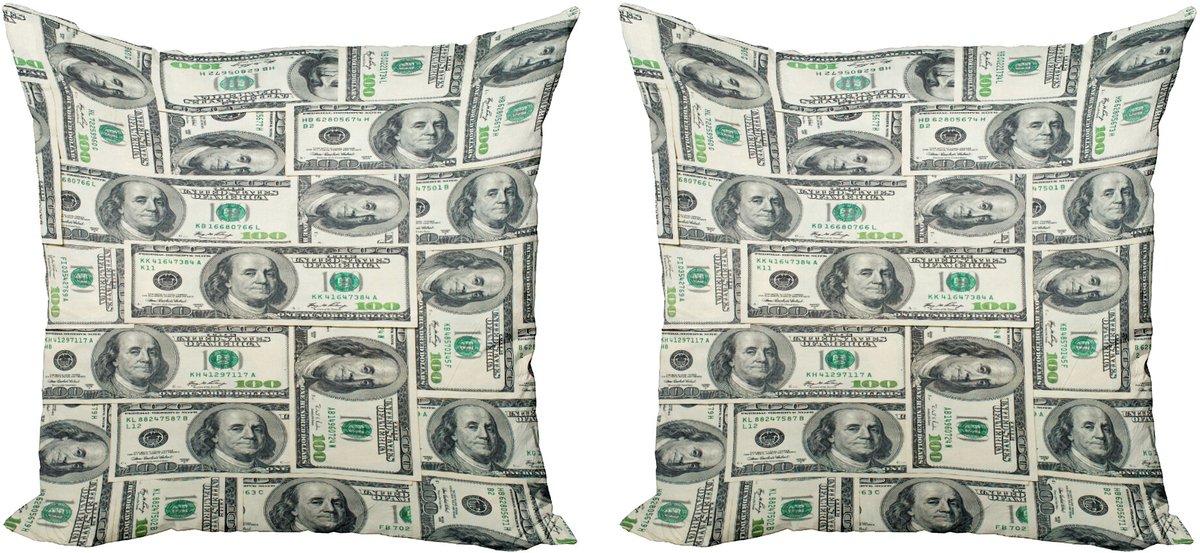 ABAKUHAUS Geld Sierkussenhoes Set van 2, Rechnungen met Ben Franklin, Modern Accent Dubbelzijdige Digitale Print, 45x45, Lichtgroen Grijs
