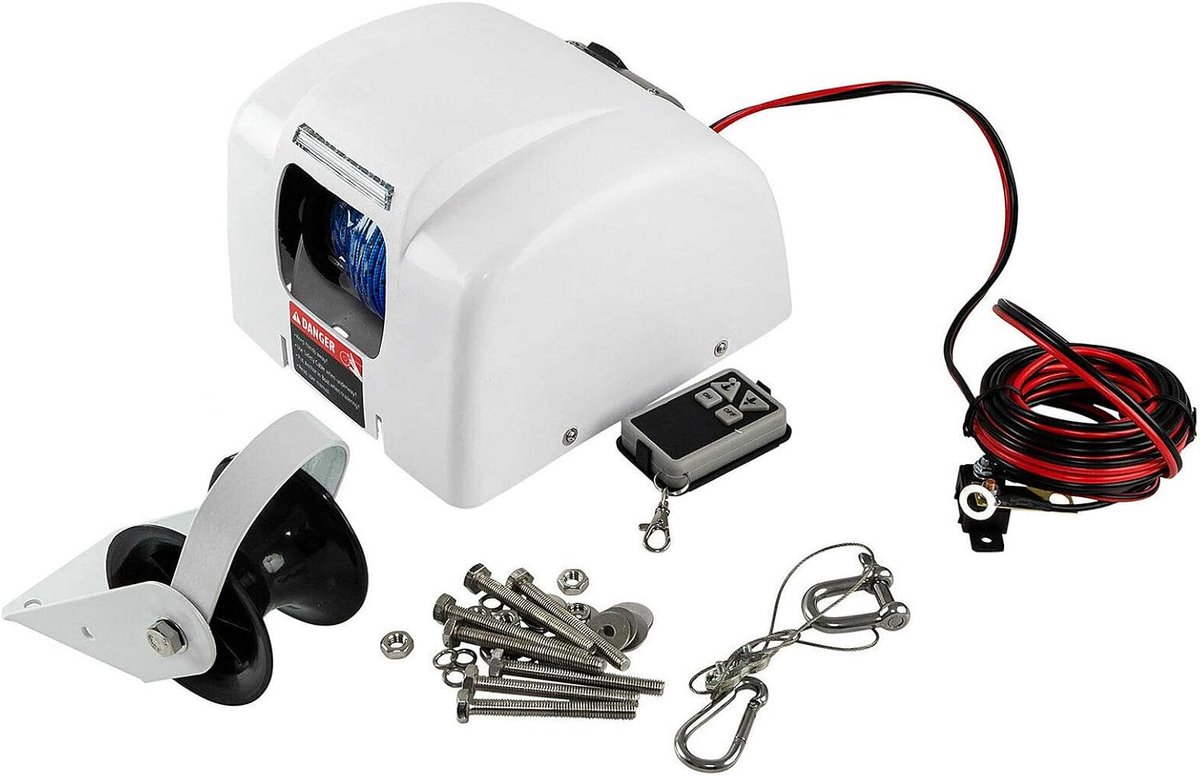 Ankerlier 12 V, wit, 11 kg, zout water, afstandsbediening, gevlochten ankertouw, 17 inch accukabel, aparte roldavit