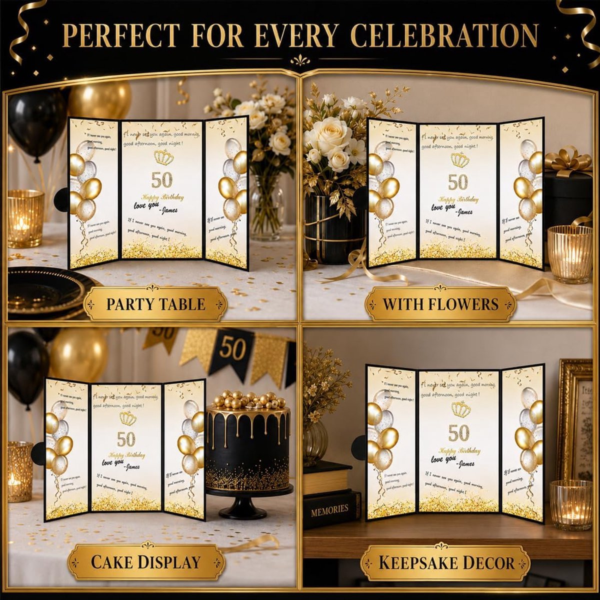 Wenskaart Verjaardag, Elegant Ontwerp Goud Zwart, Decoratie met Ballon en cijfers, Beschrijfbare Kaart