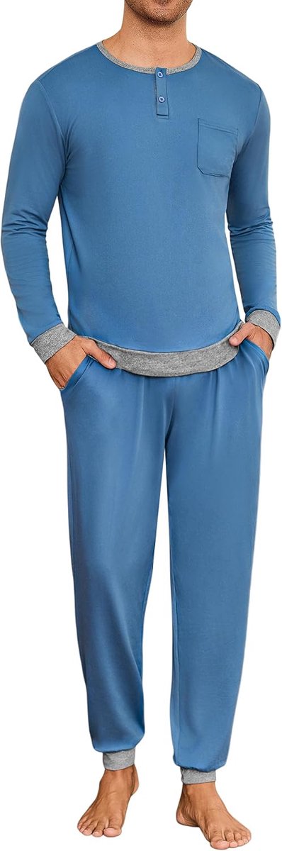 Pyjama voor heren, lang, met manchetten, contrasterende kleuren, katoenen pyjamaset, lange mouwen, nachtkleding, S-4XL