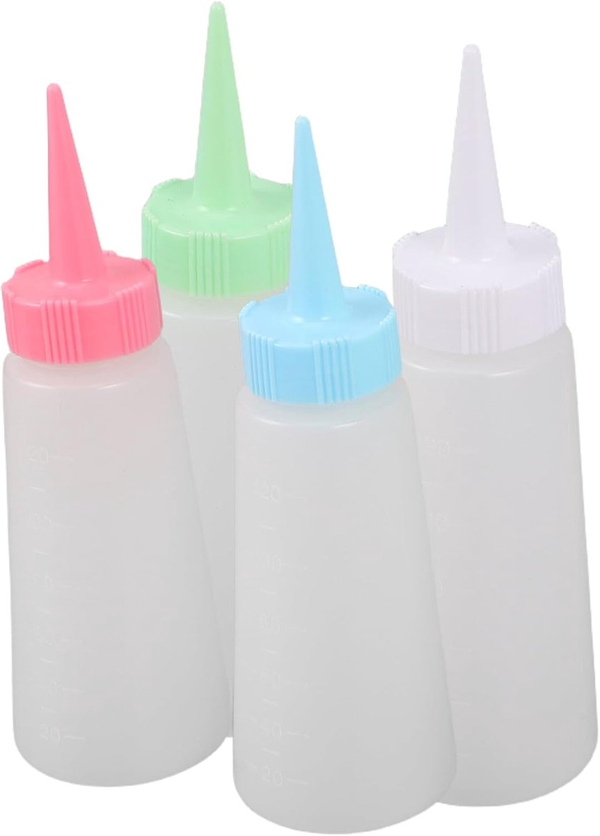 4 Stuks Delige Transparante Haarverf Knijpfles met Schaalverdeling Hervulbare Plastic Applicator Flessen in Blauw Wit Roze Groen voor Nauwkeurige Kleurmix Shampoo Dispenser Thuis