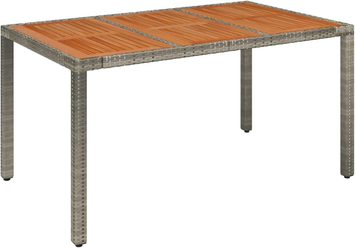 Tafel, eetkamer, tuin, buiten, van polyrotan grijs en acaciahout, 150 x 90 x 75 cm, tuintafel van rotan en hout, buitentafel van rotan en hout, tuintafel van hout