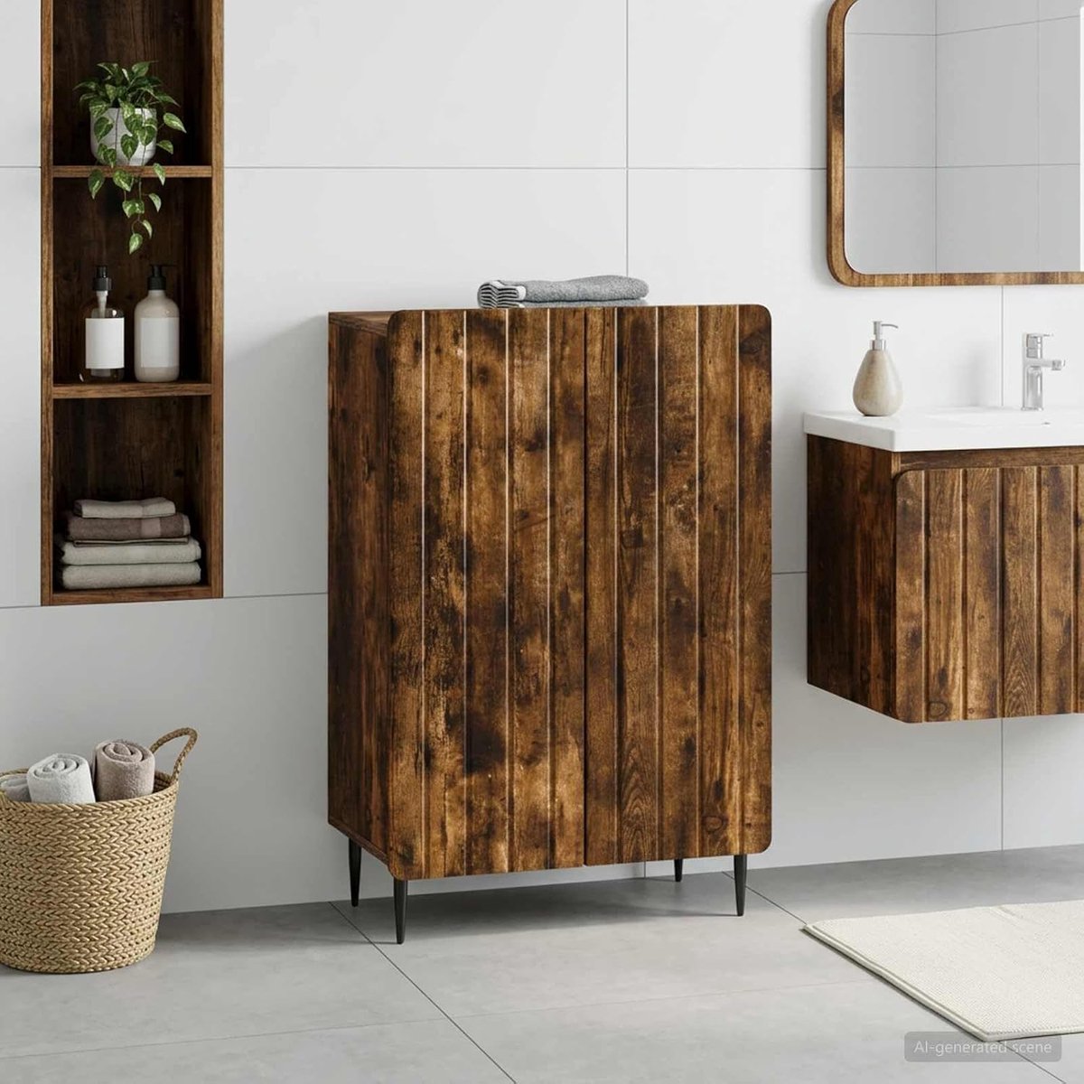 Opbergkast badkamer houtmateriaal rookeiken met kastdeur