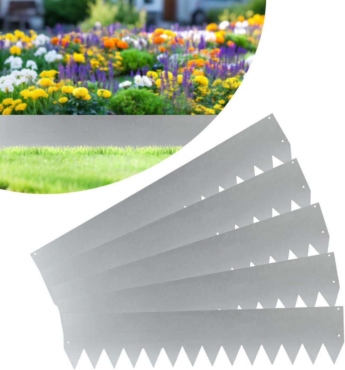 5 stuks, 1 m L x 20 cm H, gazonranden, metaal, zilver, met montagehandschoenen en schroeven, maairand voor buitentuinen, wegen, gazons en meer (5 m lengte in totaal)