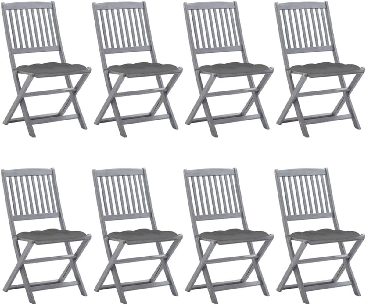 Tuinstoelen met kussens, 8 stuks, acaciahout, grijze terrasstoelen met kussens, belastbaar tot 110 kg per zithoek