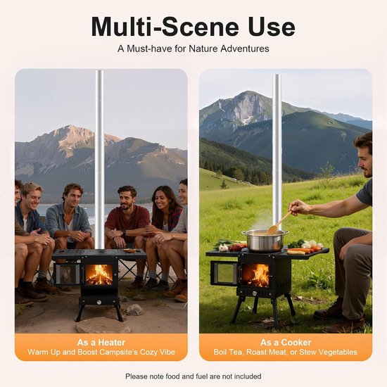 Draagbare houtkachel voor tenten, 36-57 cm instelbare hoogte schuilplaatsen en camping, inclusief open haard, fluitje, campingfornuis — afbeelding 5