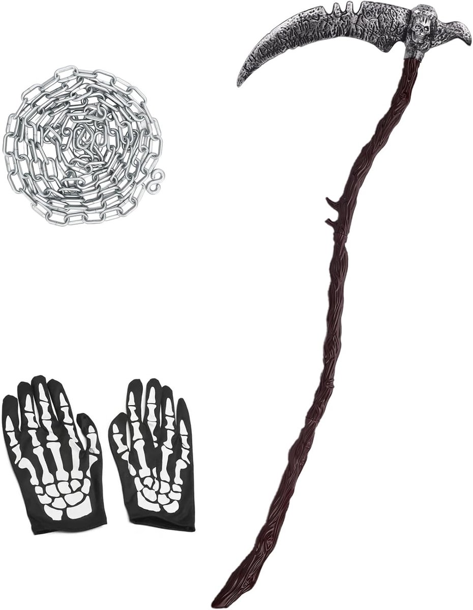 4 stuks Halloween Sense set, Sensenmann Sikkel met Sinister skelet & Skull handschoenen & 1 x 300 cm ketting met S-gesp, heren Sensenmann Sense volwassenen kostuumaccessoires voor Halloween