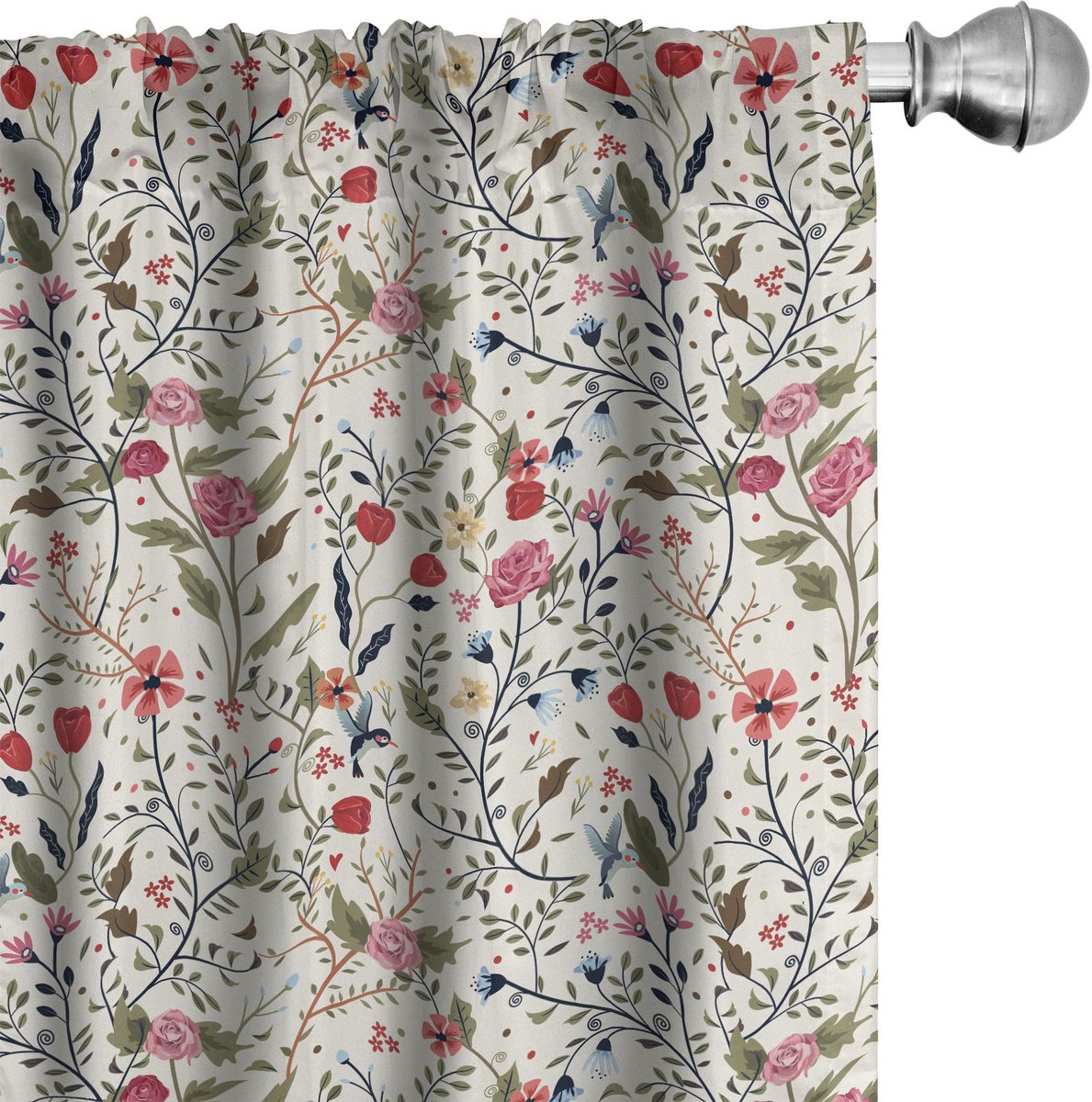 ABAKUHAUS Bloemen Raamgordijnen, Vogels Rozen-Stippen, Lichtgewicht decoratieve 2-delige set met roedezak, 2 stuks 75 cm B x 225 cm L, Meerkleurig
