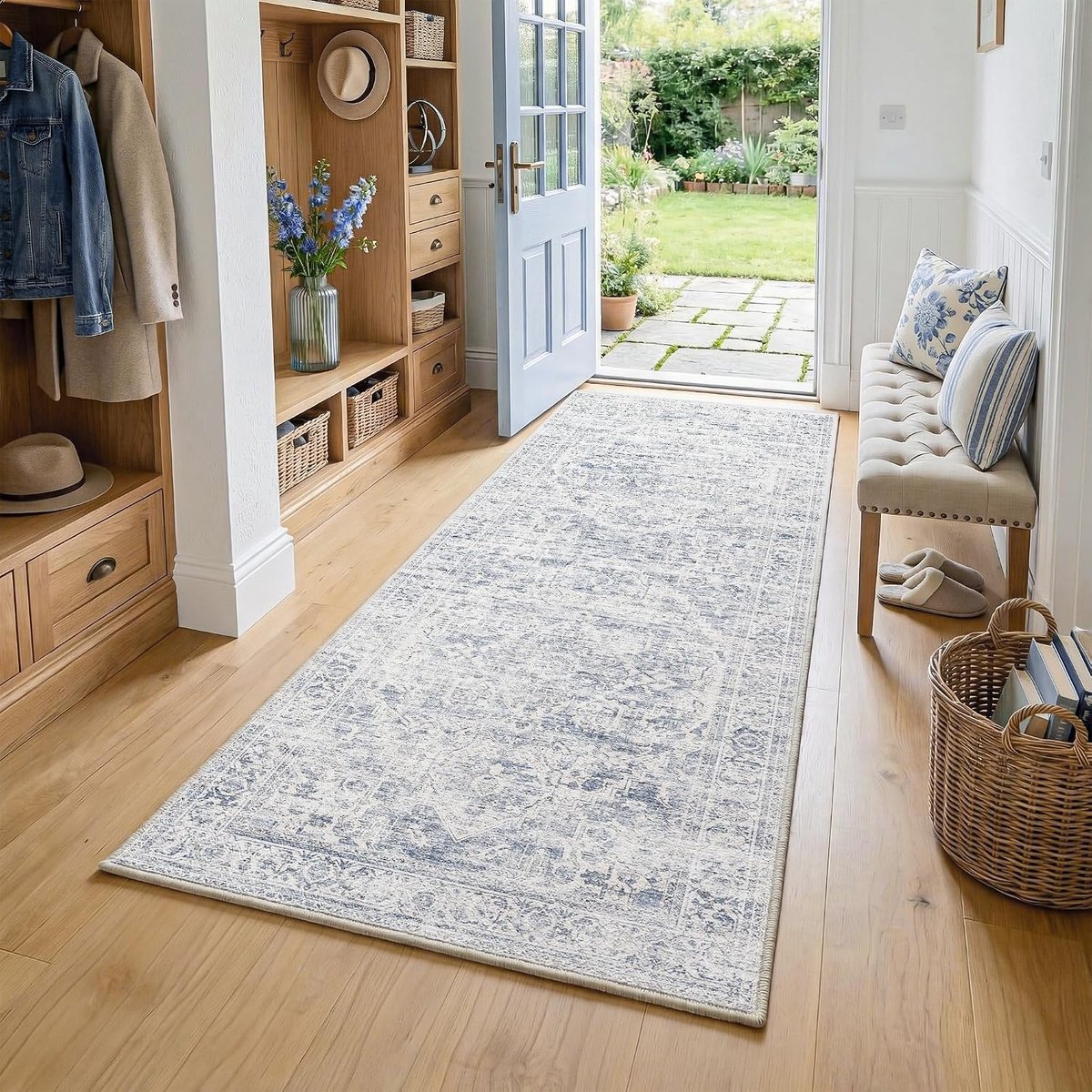 Tapijtloper, vintage, wasbaar, 60 x 180 cm, blauw, voor hal en keuken
