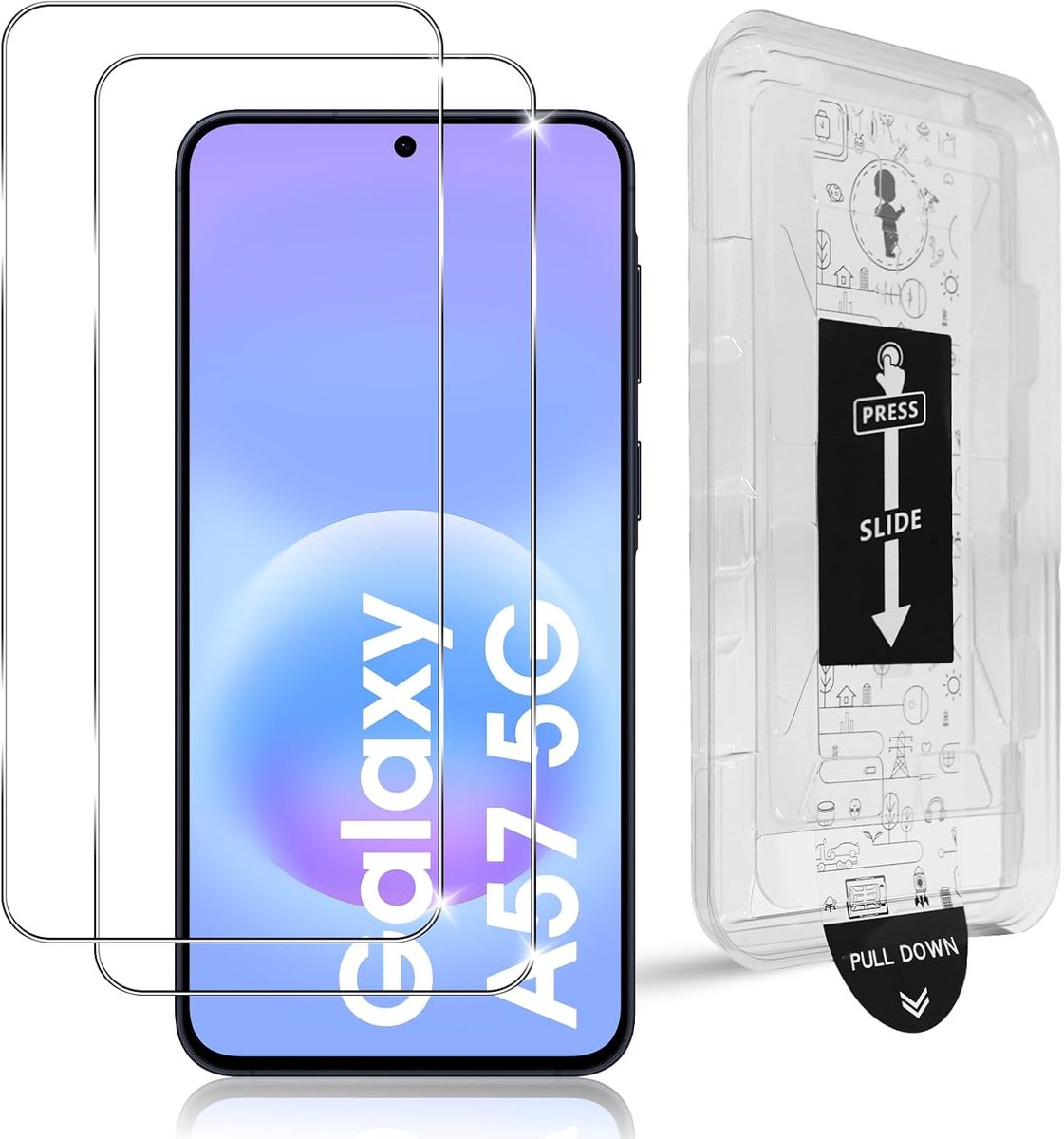 Pantserglas voor Samsung Galaxy A57, 2 stuks, gehard glas, 9H hardheid, auto-installatie, anti-kras beschermfolie, anti-luchtbellen, HD heldere beschermfolie