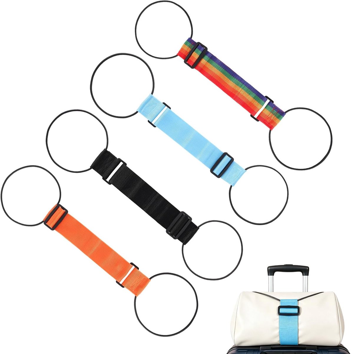 4 Stuks Bagagebanden voor Koffers, Verstelbare Zeer Elastische Bagageverbindingsbanden voor het Vastzetten van Tassen Rugzakken Handbagage en Reisaccessoires (Blauw, Kleurrijk, Oranje, Zwart)