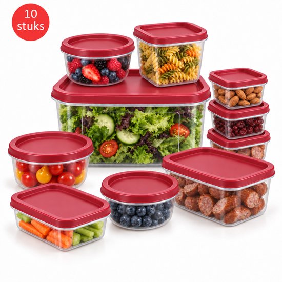 Ensemble de 10 boîtes de conservation alimentaires transparentes avec couvercles rouges, remplies de fruits, salade, pâtes, noix et saucisses.