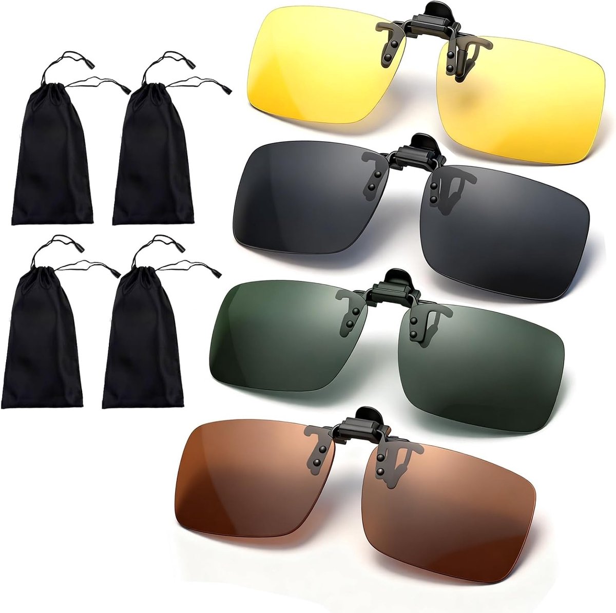 4 stuks clip-on nachtrijbril, anti-verblindingsbril voor nachtrijden, clip-on zonnebril over voorgeschreven bril, inclusief zakje voor mannen en vrouwen