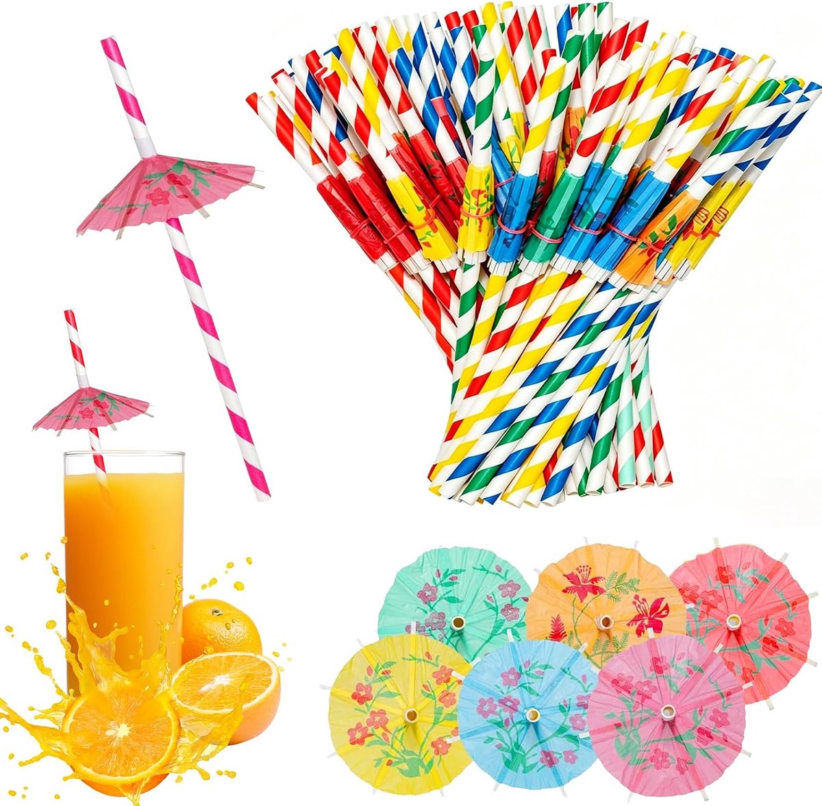 Rietjes, cocktailparasol-decoratie, papieren paraplurietjes, kleurrijke rietjes, cocktailparaplu's voor zomer, party, bar, accessoires, decoratie