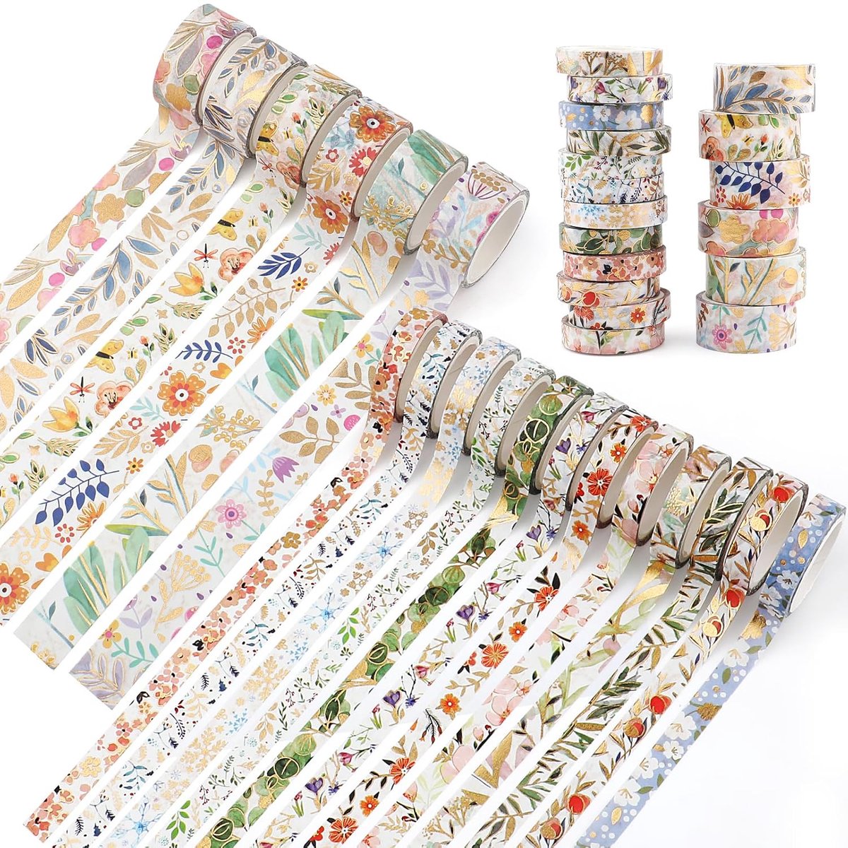 Tape-set, goudfolie met kleurrijke bloemenmotieven, 15 mm en 7,5 mm, decoratieve masking tape voor doe-het-zelf, scrapbooking, journaling, geschenkverpakking, knutselprojecten, 3 m/rol