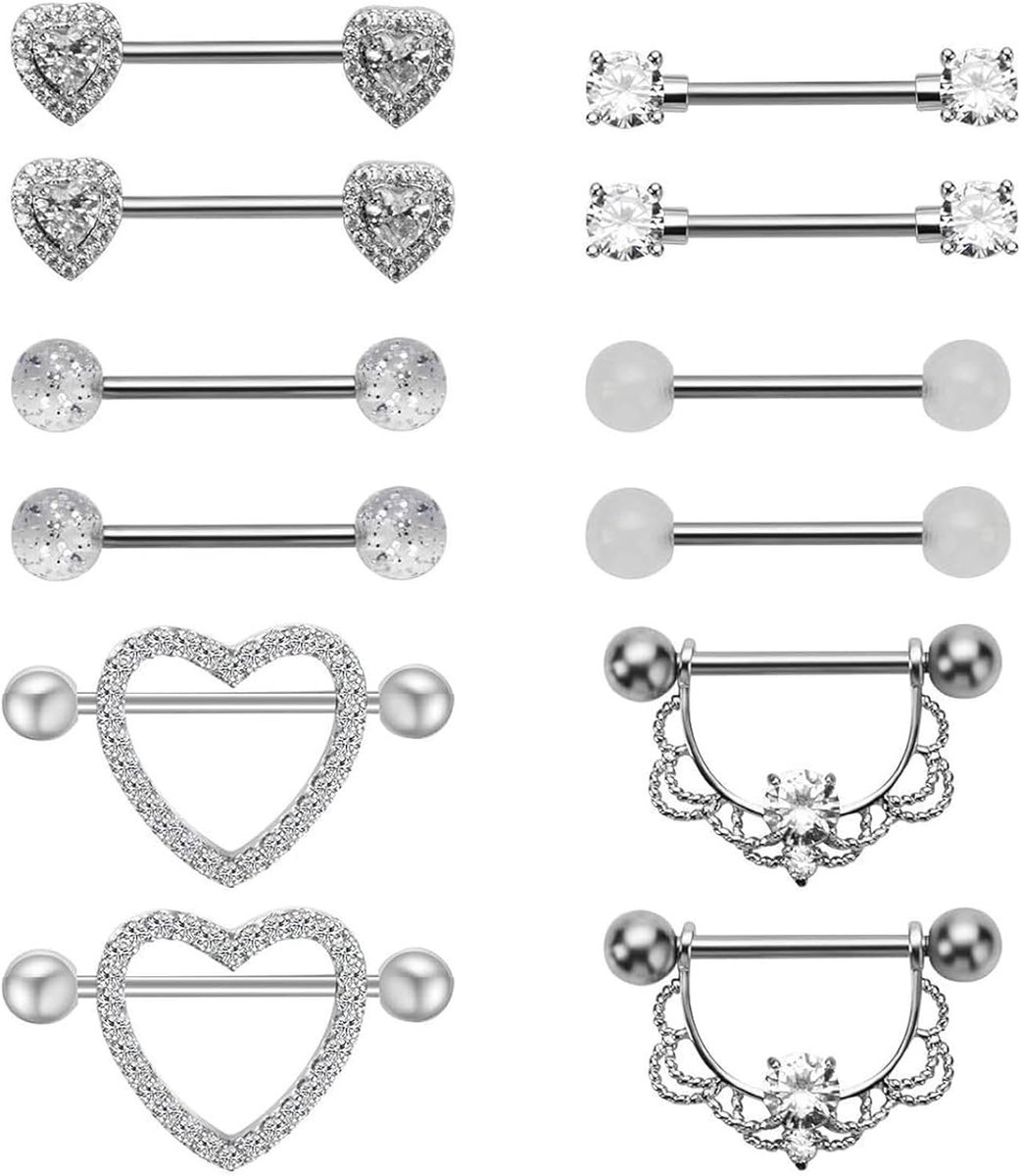 12 stuks tepelpiercings, tepelpiercing, sieraden, chirurgisch staal, barbells, roestvrij staal, tongpiercing (zilver)