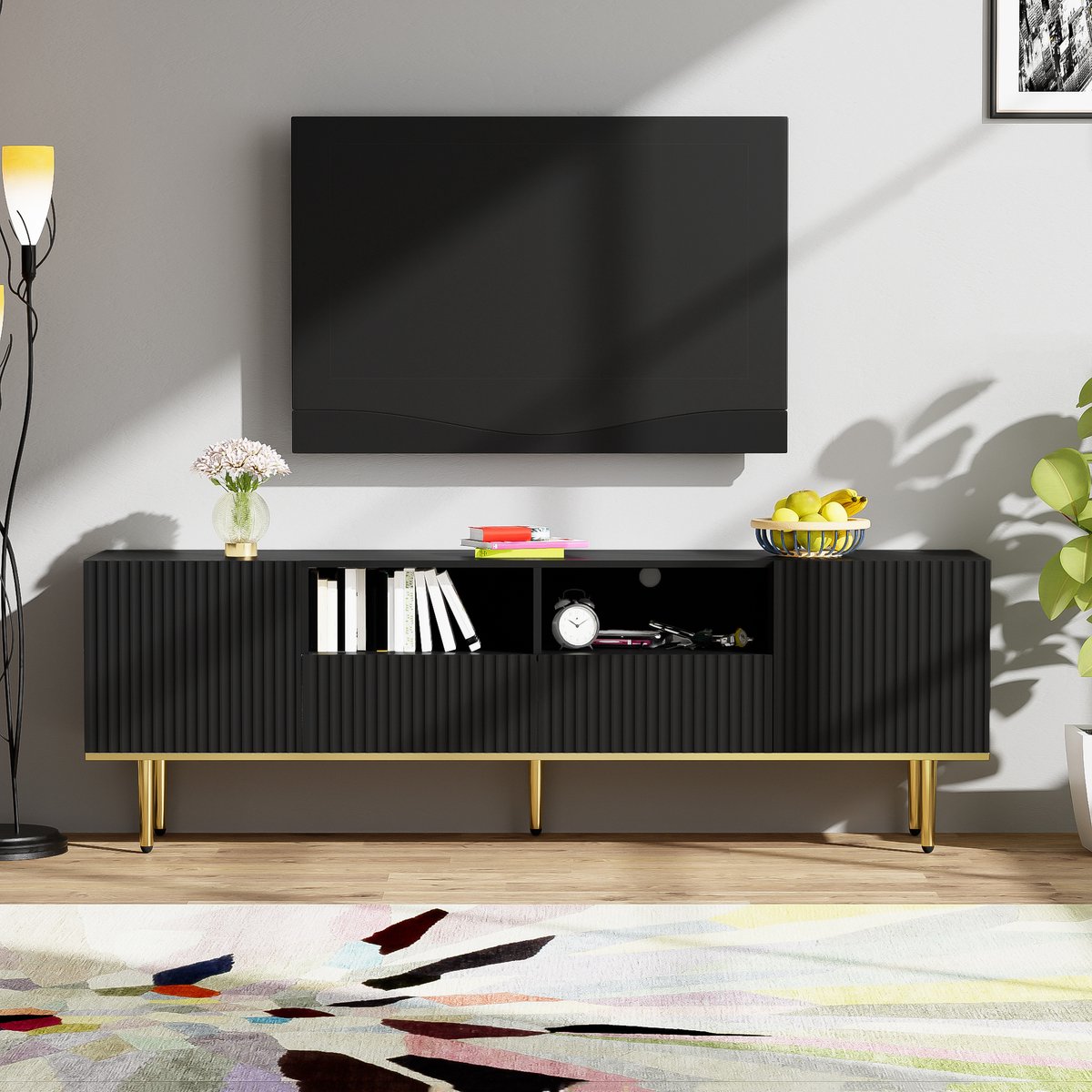 tv meubel met gouden poten en rand - Voor woonkamer - 165 cm breed - Zwart en goud - Push-to-open deuren - Geribbeld design