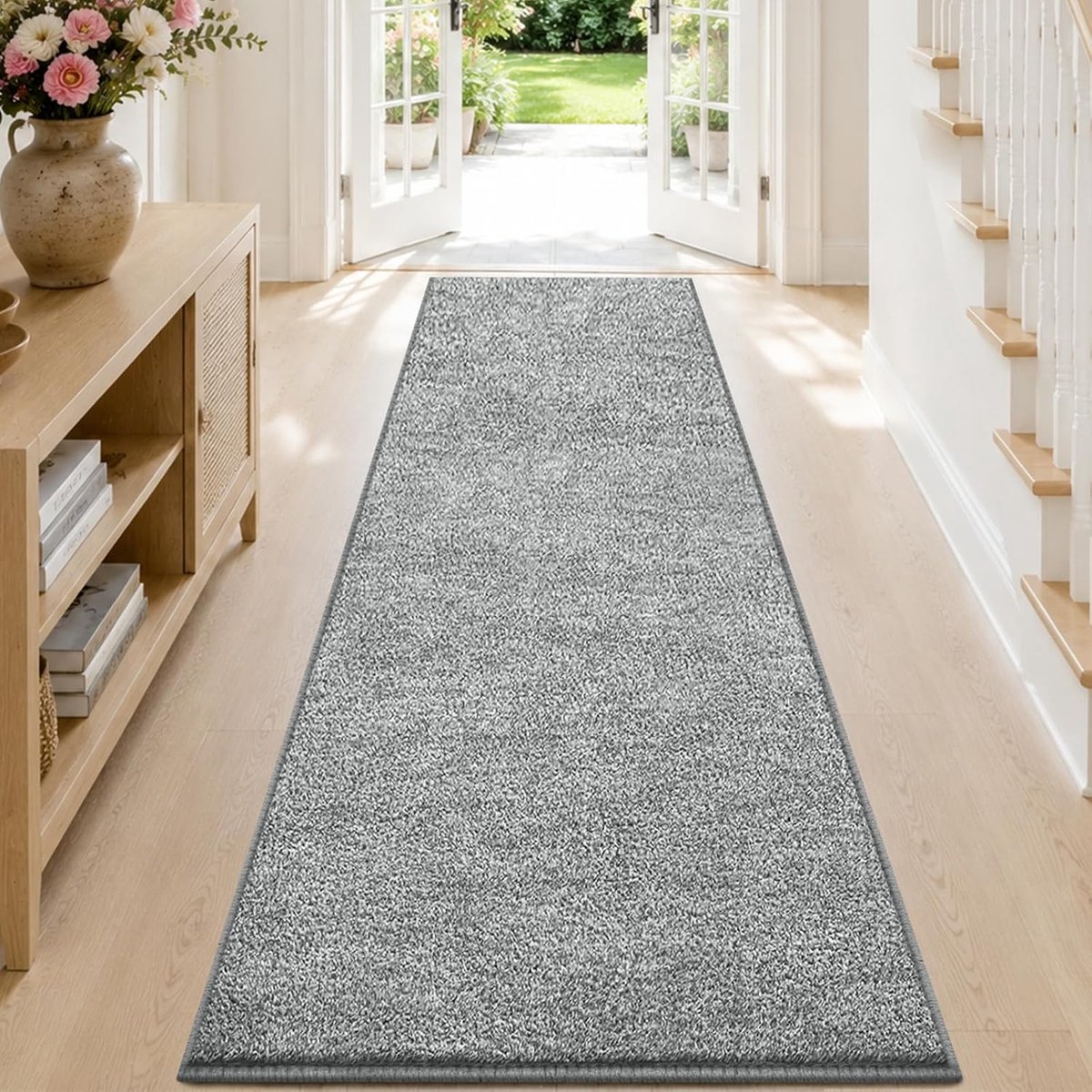 Tapijtloper, voor de gang, 80 x 200 cm, wasbaar, antislip, laagpolig, wollig, zacht, grijs en wit, modern tapijt voor keuken, woonkamer, slaapkamer, hal of entree