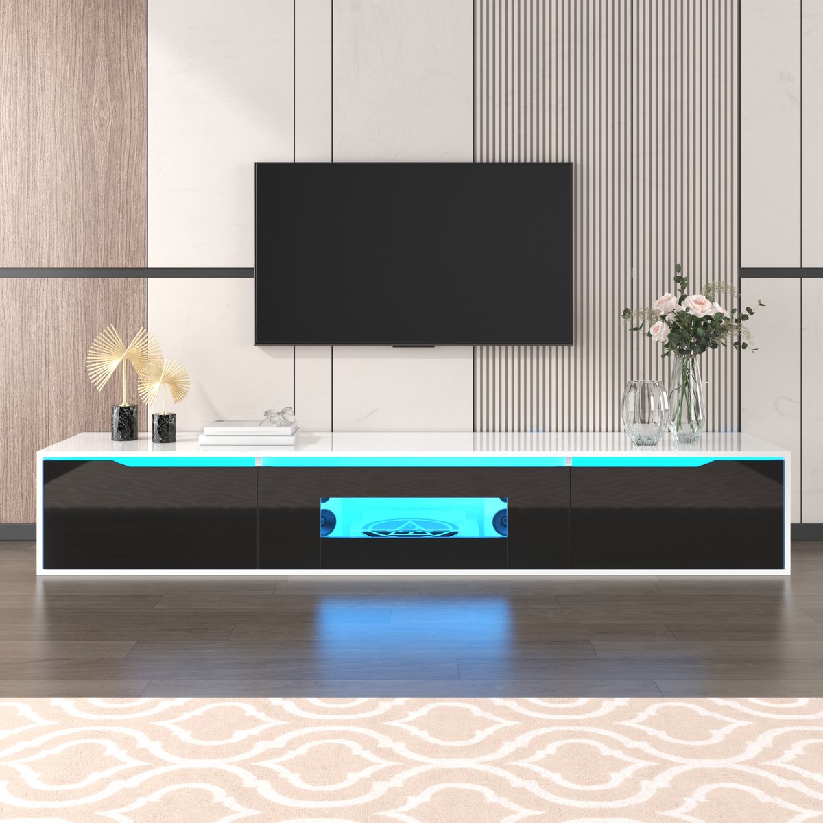 tv meubel en vitrinekast - voor woonkamer - 180x30x35 cm - zwart-wit hoogglans - 16 kleuren LED - geribbelde deur - 4 lichtmodi
