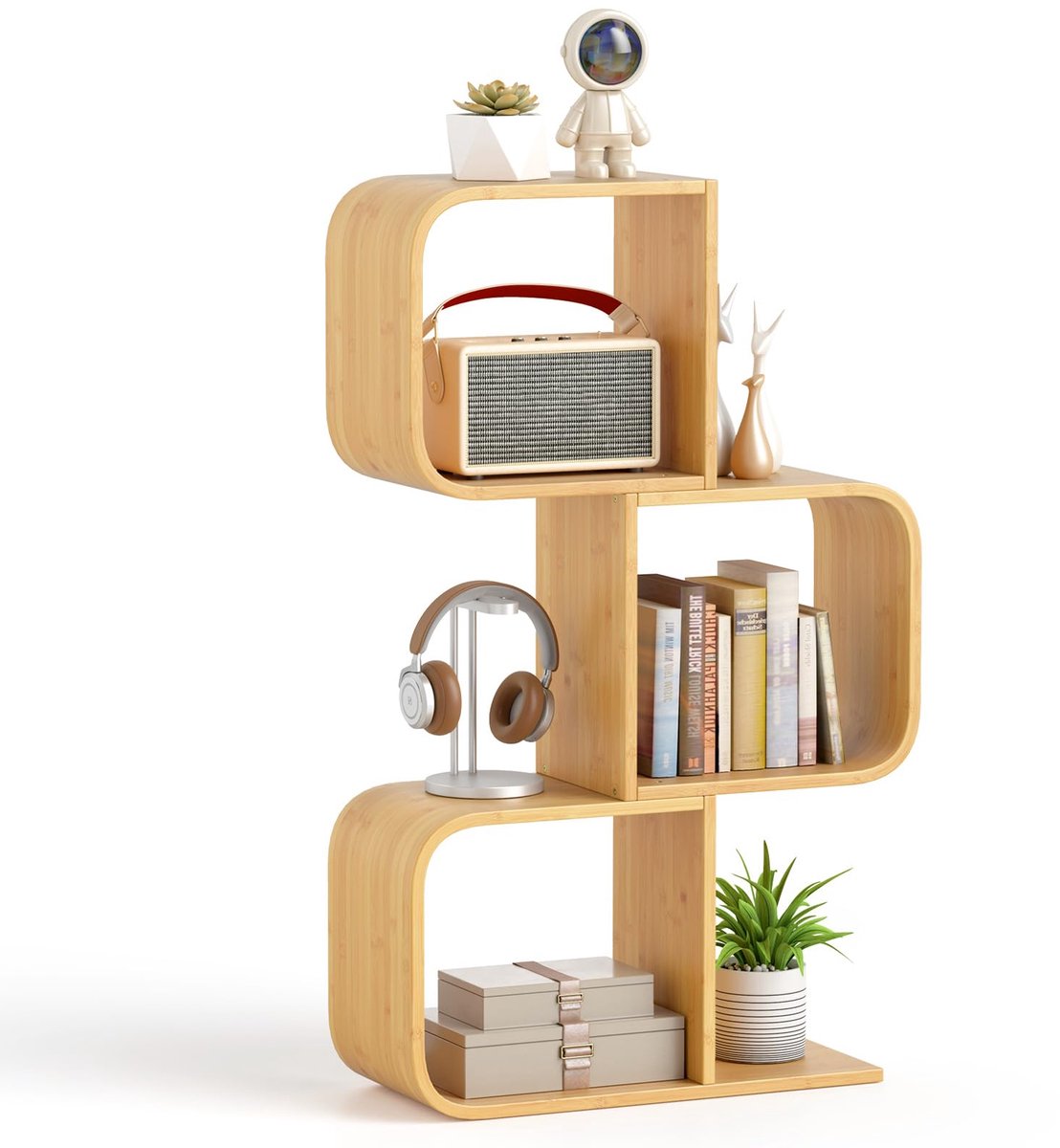 Costway Boekenkast, S-vormig, staand rek van bamboe met 3 niveaus, kubusrek, kantoorrek, opbergrek voor woonkamer, werkkamer, natuur, 61 x 23 x 100 cm Naturel