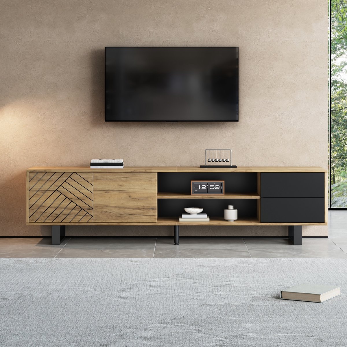 tv meubel Houtlook-Zwart 180x40x50 cm - Geschikt voor televisie tot 75 inch - 2 lades, 2 deuren en open vakken - Stille scharnieren & kabeldoorvoer - Metalen poten - Draagvermogen 30 kg