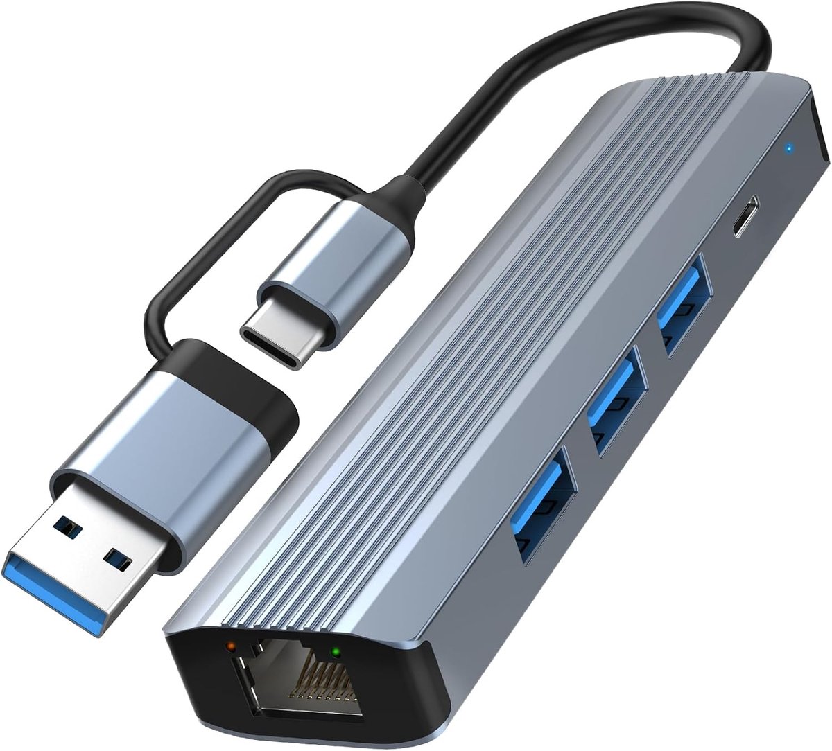 USB-A/C LAN-adapter met Gigabit Ethernet & 3X USB 3.0 & Type-C opladen, ethernetadapter voor Switch, iPhone 16/15, iPad, MacBook, Surface, Dell XPS