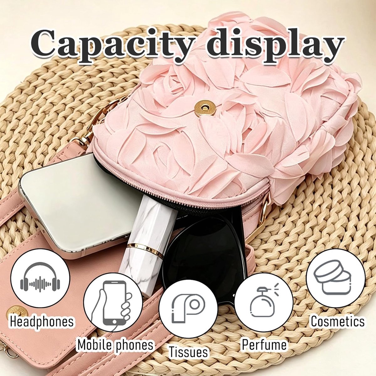 Crossbody Tas 3D Bloemen, Leuke Roze Cross Body Tas Vrouwen met Afneembare Verstelbare Riem, Lederen Rozen Mobiele Telefoon Tassen met Rits voor Vrouwen Zomer Strand Bruids Prom Party Bruiloft thumbnail 6