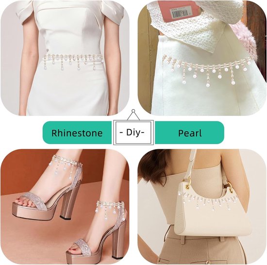 2 Yards Parel Kwastje Strass Trim Ketting, Strass ingelegde Parel Kralen Kettingen String Kwastjes Strip voor Bruiloft Feest Kleding DIY Decoratie — afbeelding 5