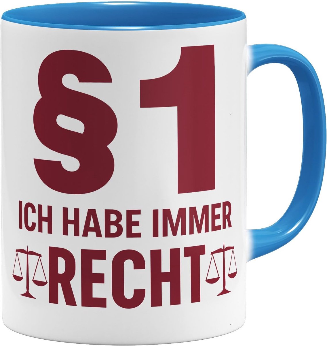 §1 Ich hab immer Recht Koffiemok met spreuk - Grappige Jura spreukkoker voor advocaat rechter jurist studenten - keramische mok - 325 ml - dubbelzijdig bedrukt - lichtblauw
