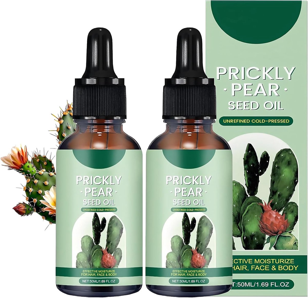 2 flessen biologische, koudgeperste cactuszaadolie, natuurlijke koudgeperste cactuszaadolie, natuurlijke cactusolie. Verzachtend en hydraterend, geschikt voor gezicht, lichaam en haar. 50 ml per fles