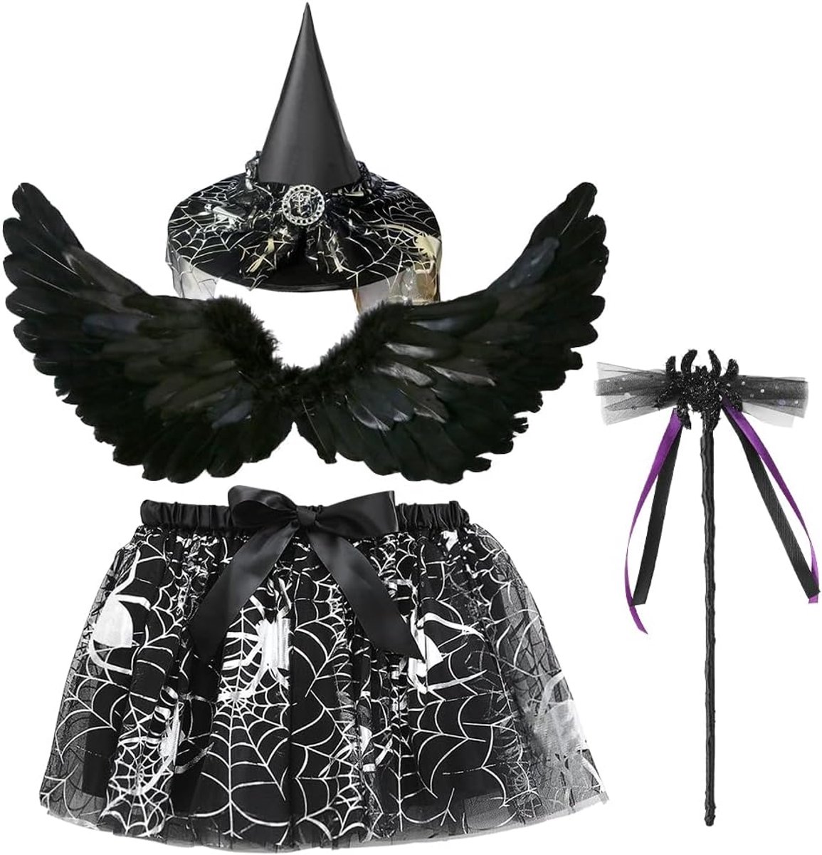 Heksenkostuum voor meisjes, Halloweenkostuum voor kinderen, heksenjurk met tule rok, vleugels, heksenhoed en toverstaf, tutu, heksenkostuum, Halloween, carnaval, party, kleding voor Halloween