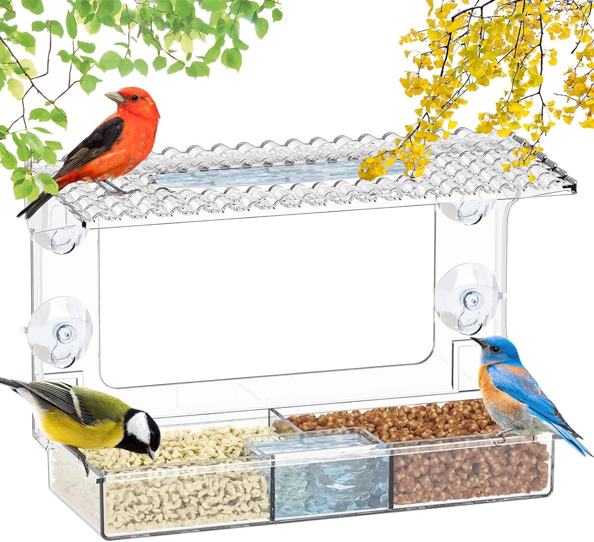Vogelvoederhuis, met zuignappen, vogelvoederdispenser, raam, 24 x 16 x 11 cm, vensterbank met afneembare voerdispenser, transparant raam, vogelvoer, doorzichtig vogelhuis
