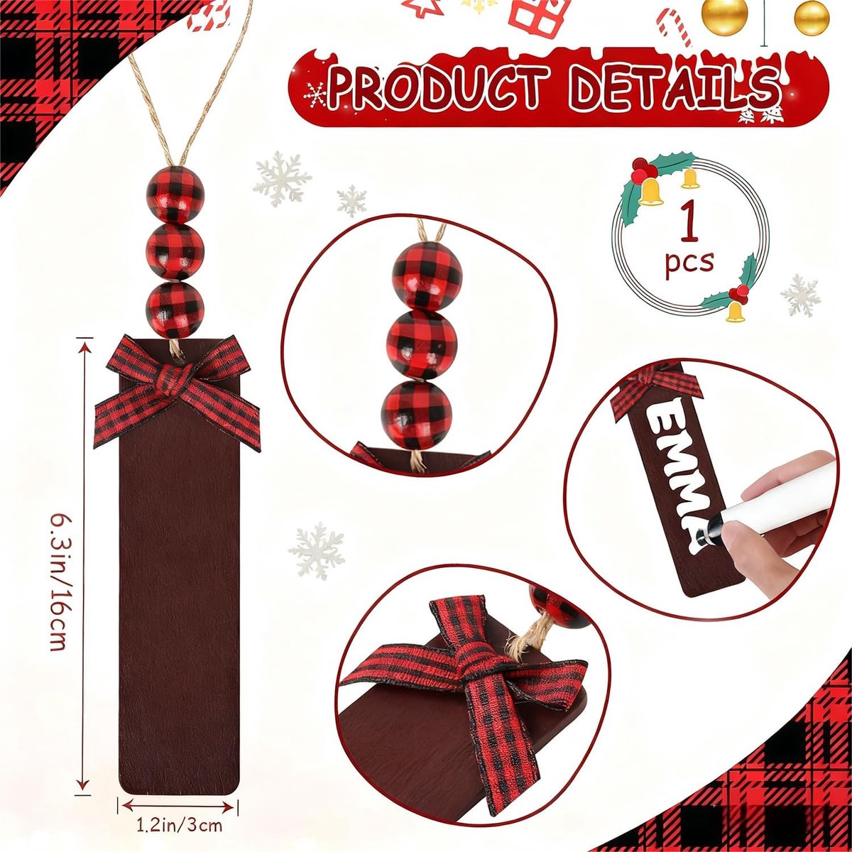 Kousen met naam - grote kerstman kous als hangende stokjes voor geschenken en snoep. Decoratie voor open haard, kerstboom & familiefeest (Gnom)