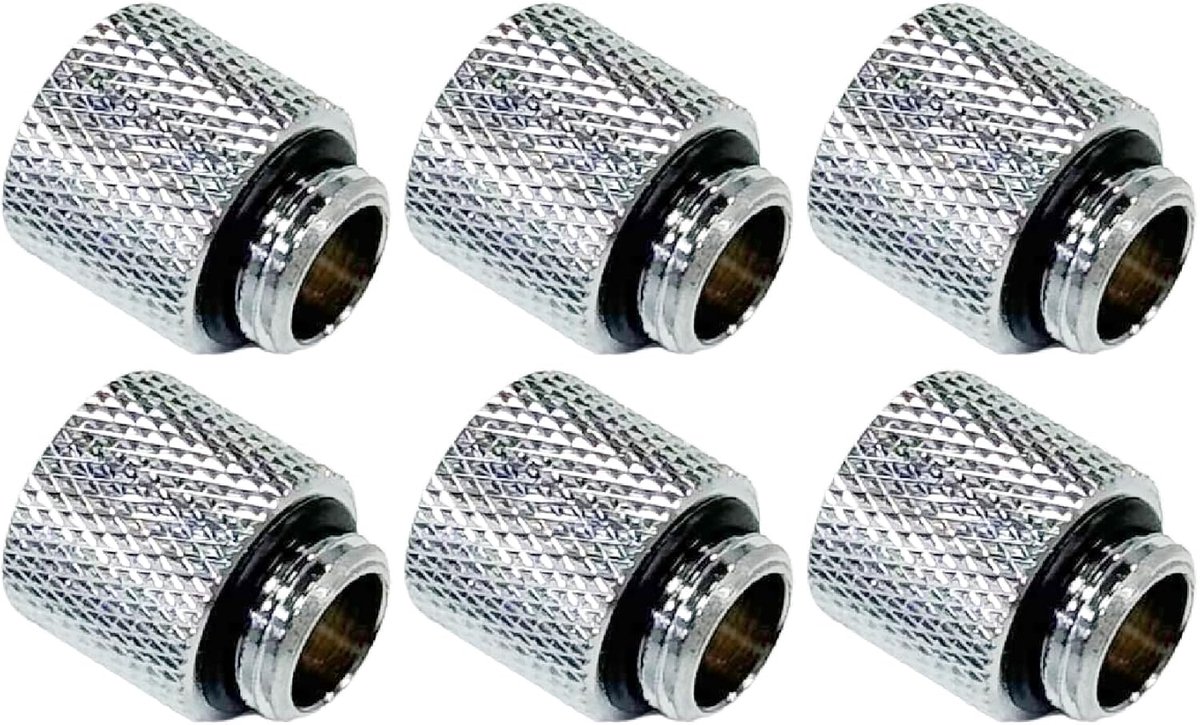 6 stuks G1/4 inch schroefdraad 15 mm hoogte mannelijk naar vrouwelijk verlengstuk fittingen, messing compressiekoppelingen met O-ringen voor PC vloeibare koellus, zilver
