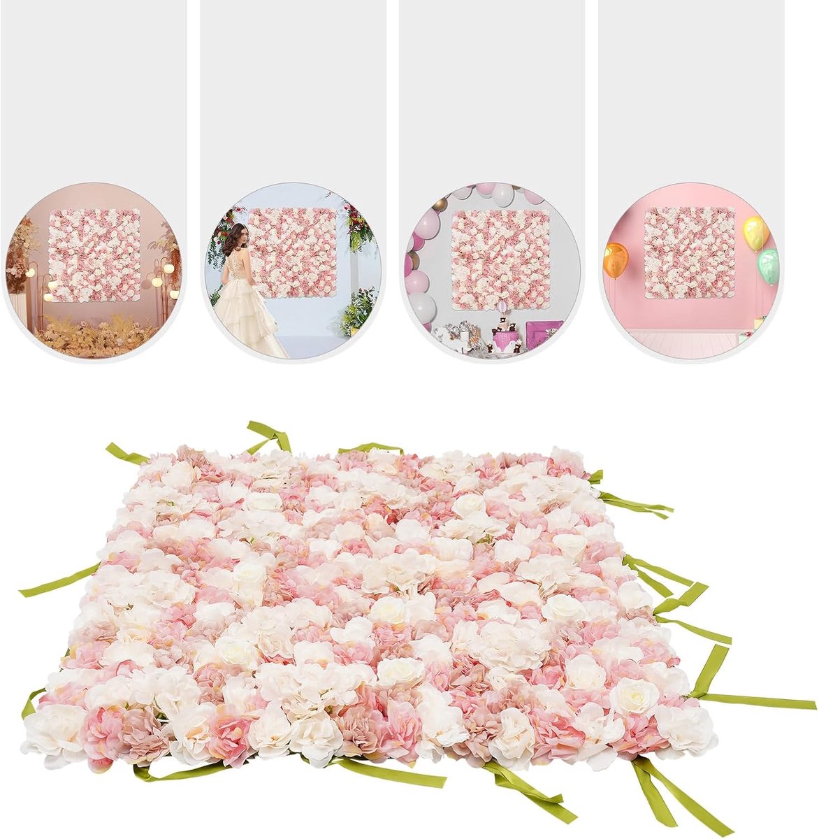 1 x 1 m kunstzijden bloemen wandbord bruiloft party fotografie locatie kunst bloemenwand paneel straat achtergrond DIY dahlia roos hortensia's met praktische banden roze + wit + groen