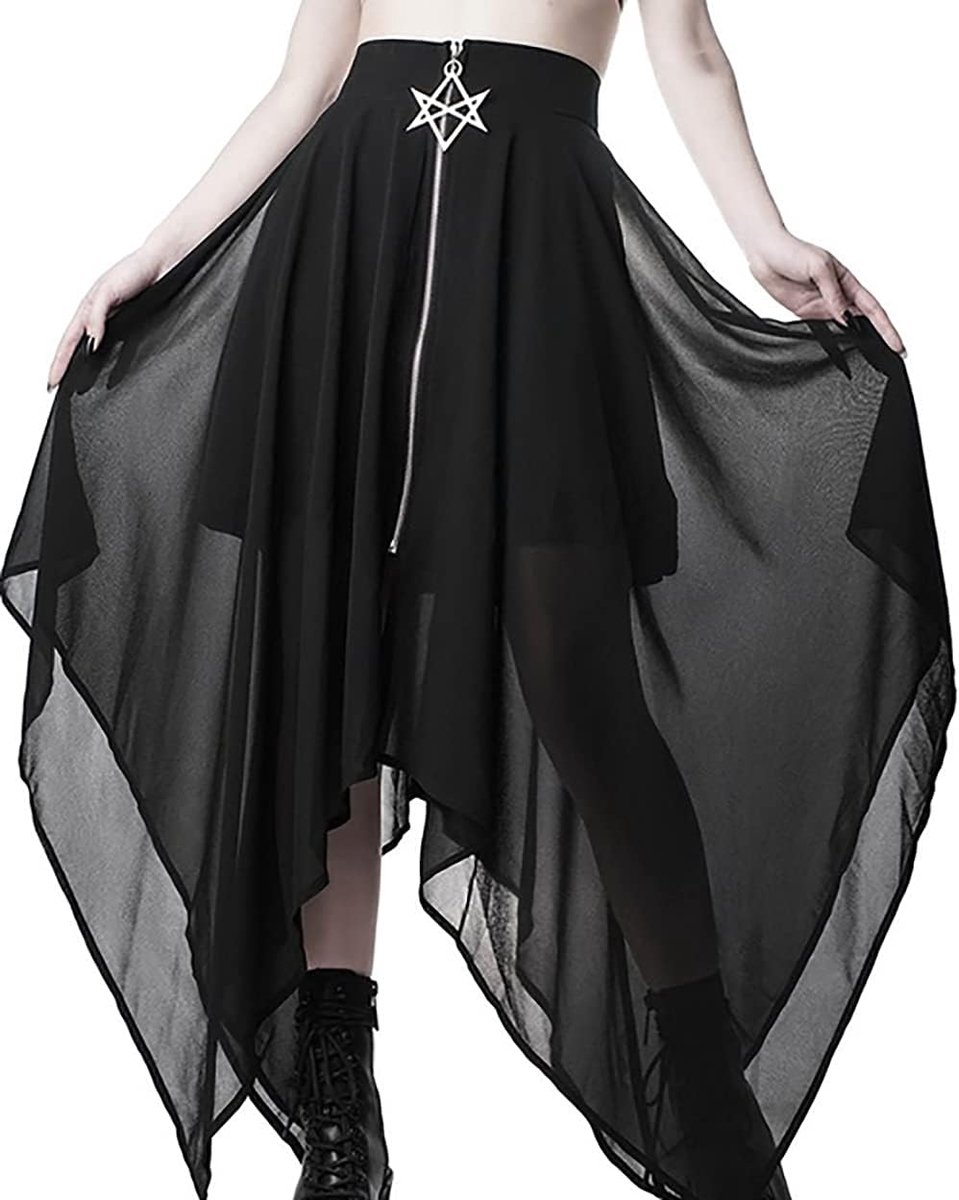 Rok voor dames, lange zwarte gothic kleding, gothic kleding, dames, gothic hoge taille, pentagram, verfraaid, zakdoek zoom, rokken
