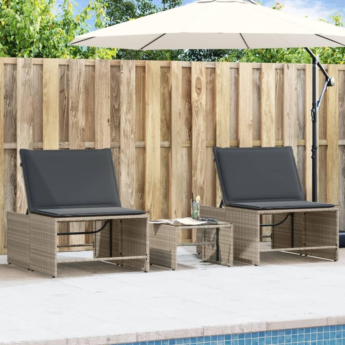 Ligstoelen 2 stuks met lichtgrijze tafel van polyrotan, professionele ligstoel voor buiten, tuinligstoel, ligstoel, ligstoel, ligstoel, P368427