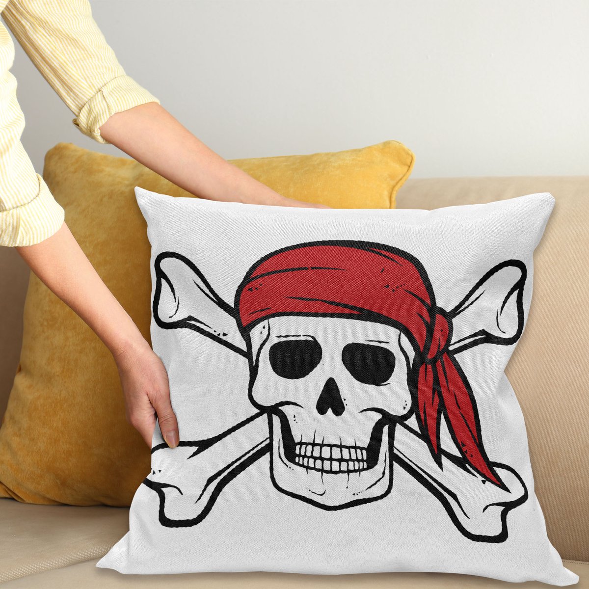 ABAKUHAUS Pirate Sierkussenhoes, Dead Pirate Schedel en Crossbones Rood Bandana Scary Bandit Warning Piracy, Decoratieve Vierkante Sierkussenhoes, 50 x 50 cm, Wit Zwart